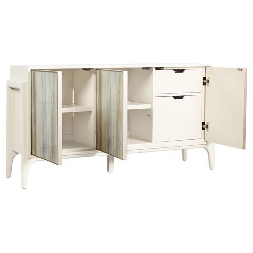 Hera 3-Door Painted Glass Credenza, Almond White/Beige 2 Hera 3-Door Painted Glass Credenza, Almond White/Beige