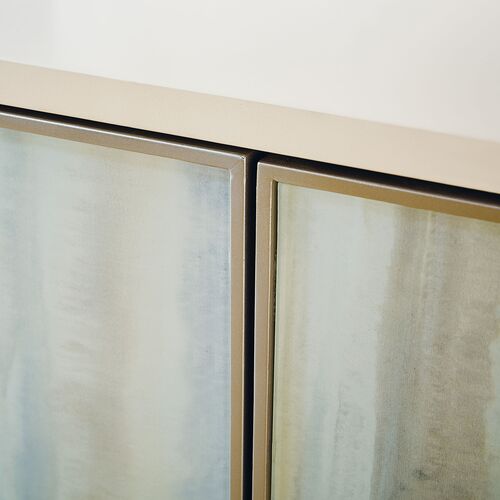 Hera 3-Door Painted Glass Credenza, Almond White/Beige 5 Hera 3-Door Painted Glass Credenza, Almond White/Beige