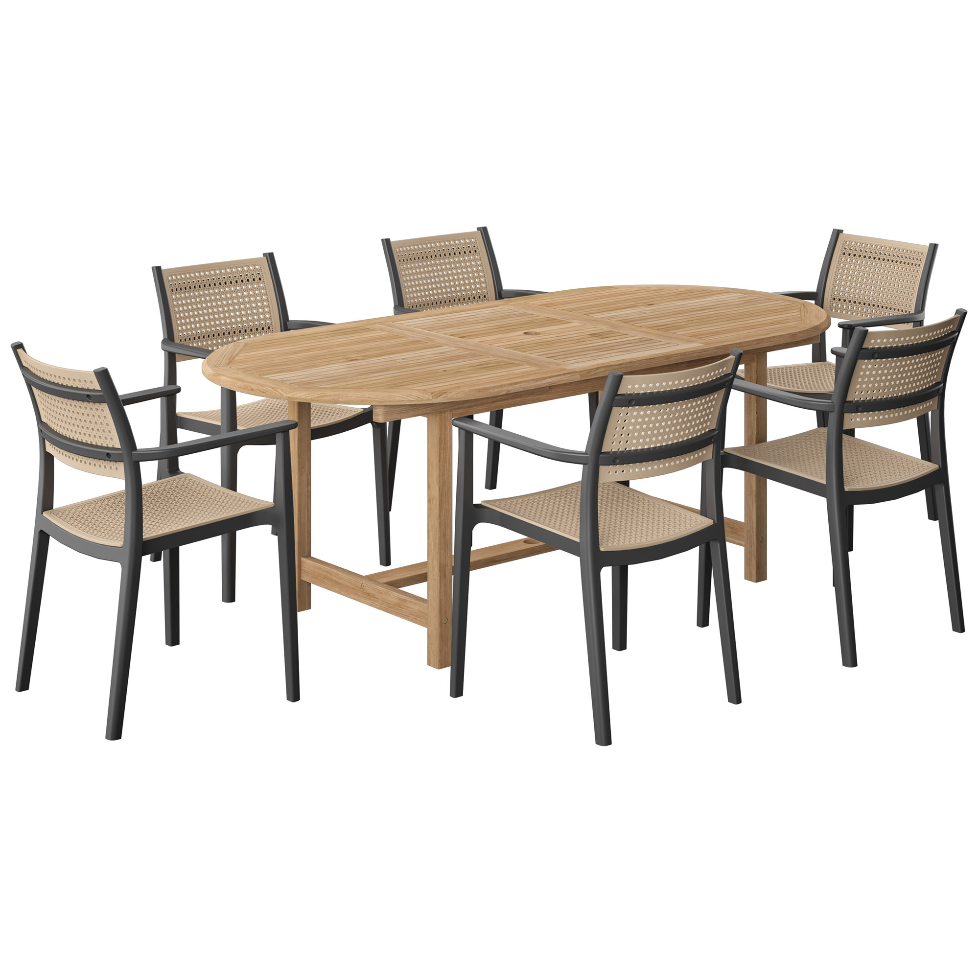 Tulum 7-Pc Outdoor Teak Extension Oval Dining Set, Natural/Black