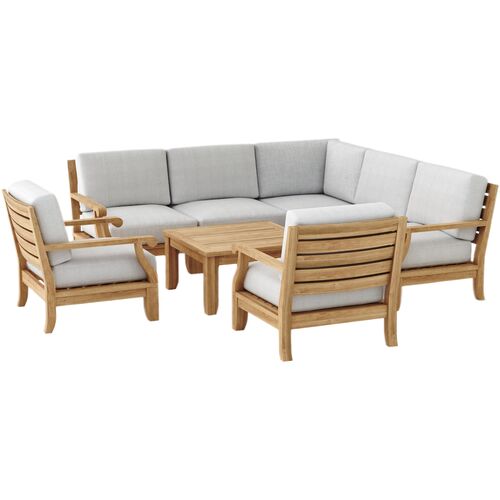 Nuvira Outdoor Teak Modular Deep Seating Lounge Set, Linen Natural Sunbrella