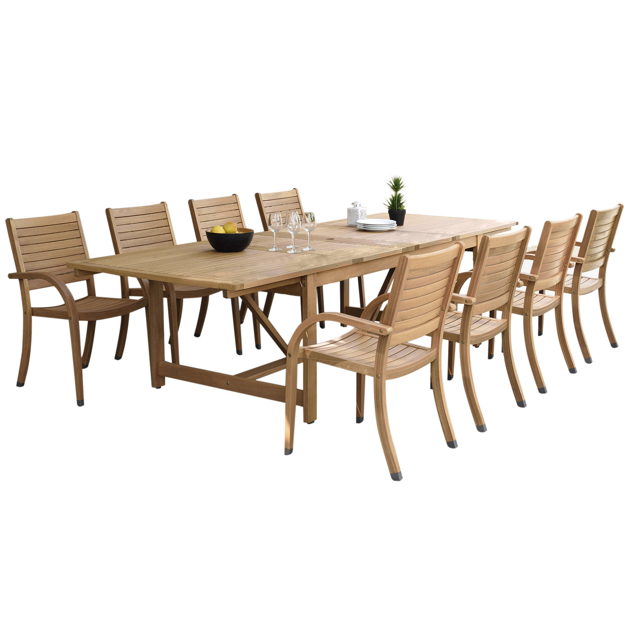 Branwyn 9-Pc Rectangular Extension Outdoor Eucalyptus Dining Set, Natural