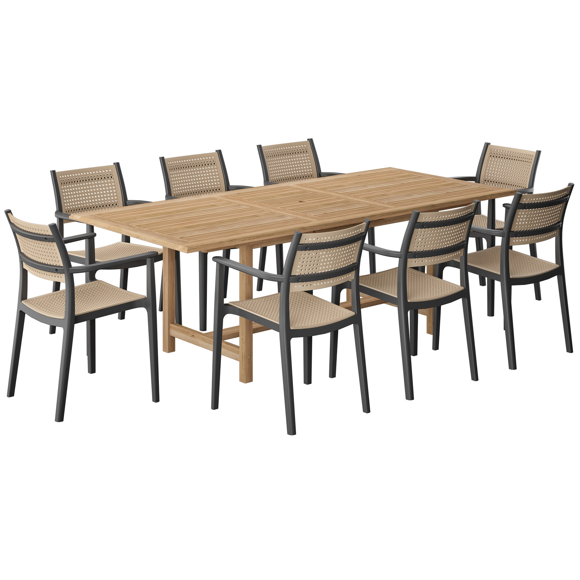 Lanai 9-Pc Outdoor Teak Rectangular Extension Dining Set, Natural/Black