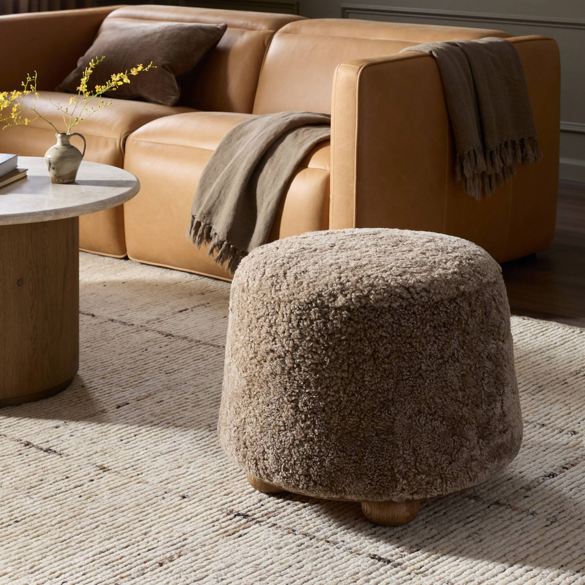 Zevoria Ottoman, Taupe Shearling 2 Zevoria Ottoman, Taupe Shearling
