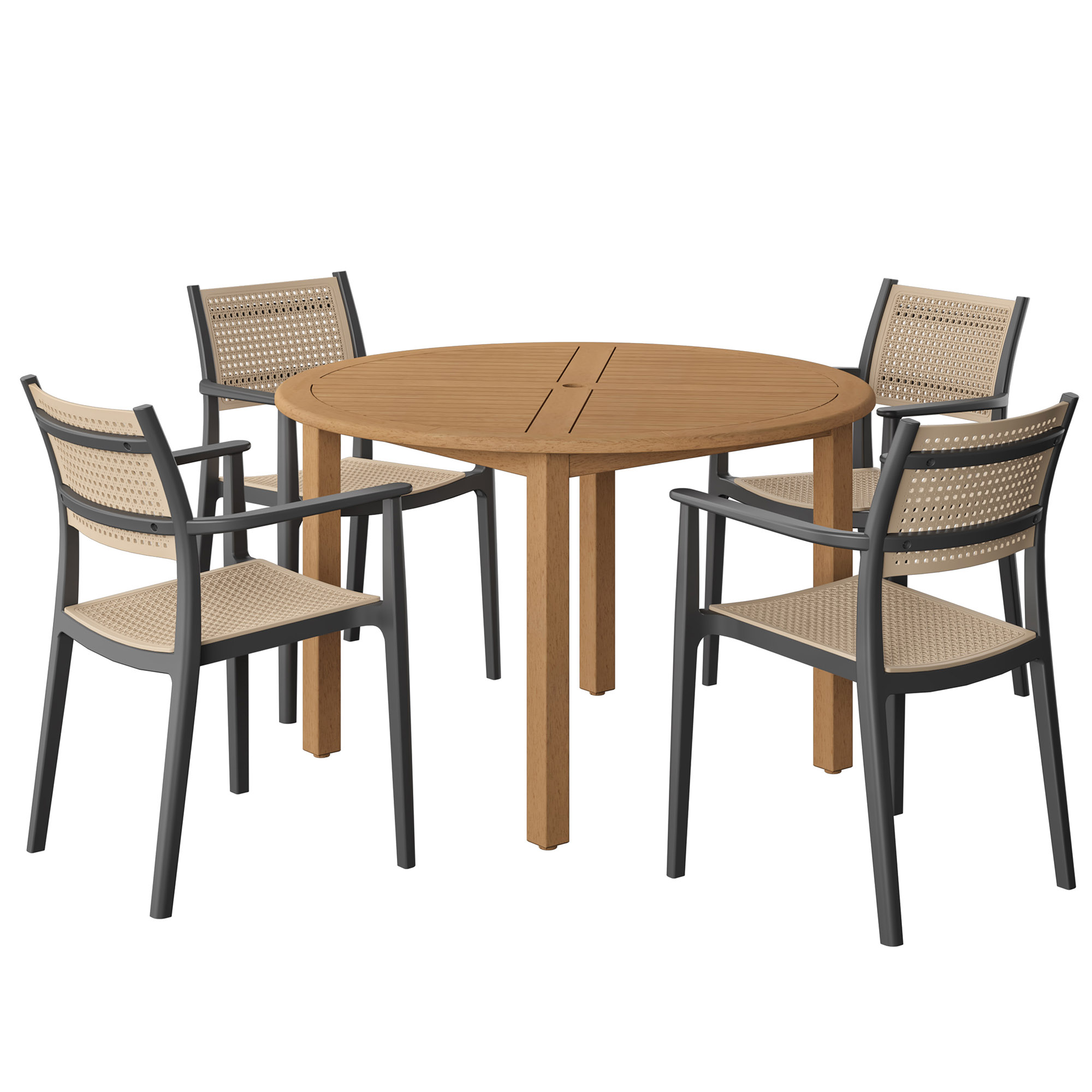 Tulum 5-Pc Outdoor Eucalyptus Round Dining Set, Natural/Black