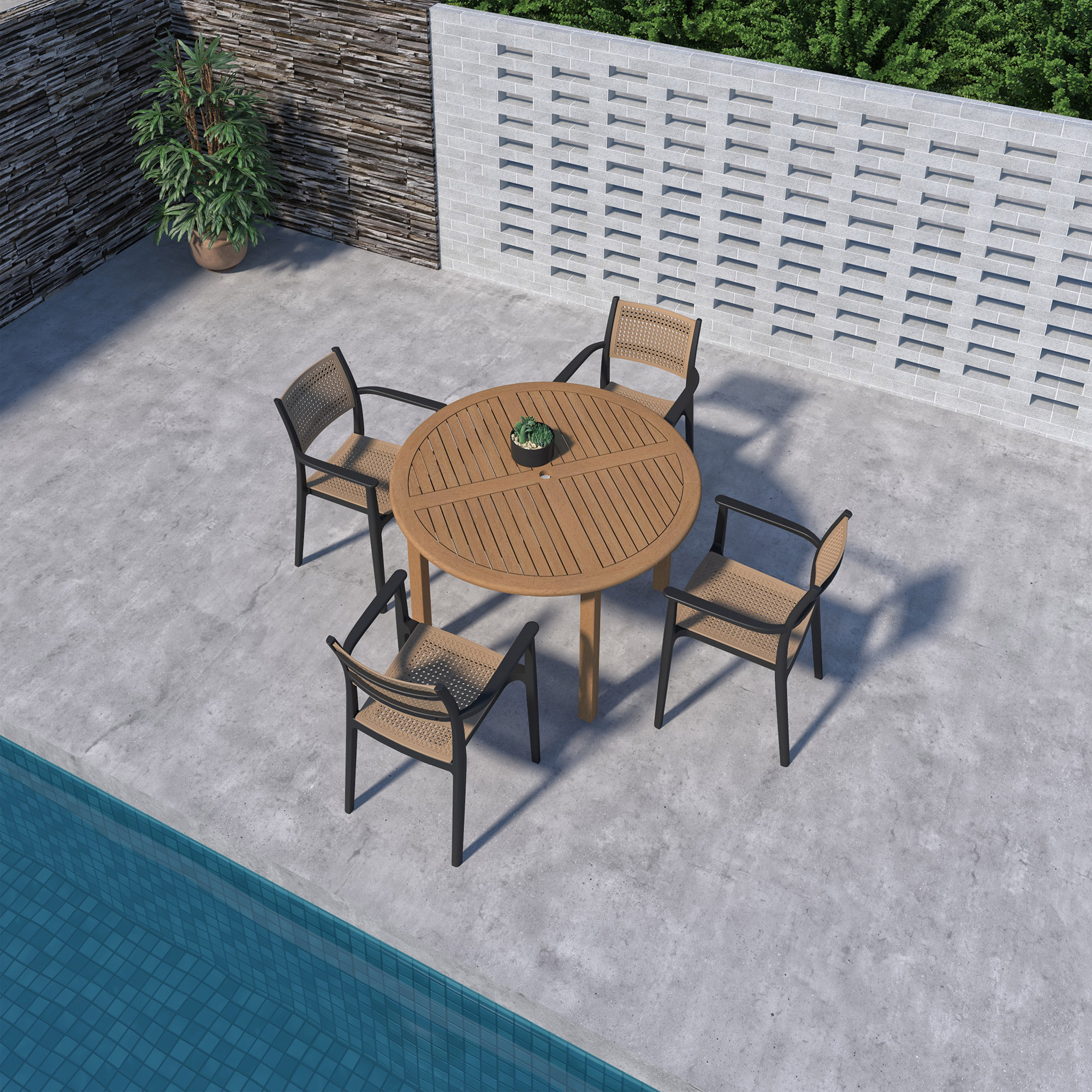 Tulum 5-Pc Outdoor Eucalyptus Round Dining Set, Natural/Black 2 Tulum 5-Pc Outdoor Eucalyptus Round Dining Set, Natural/Black