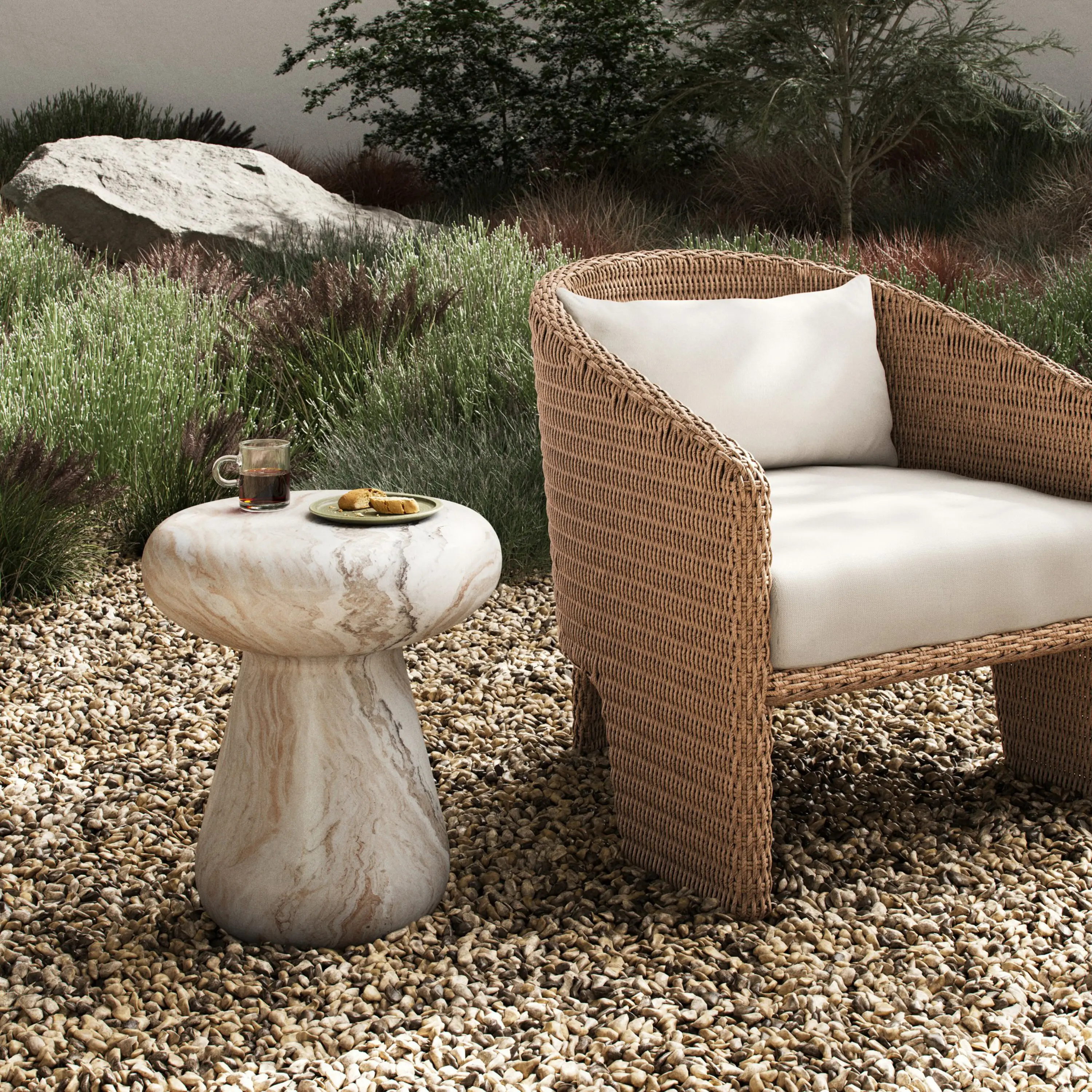 Crion Outdoor End Table, Sawar Marble 2 Crion Outdoor End Table, Sawar Marble