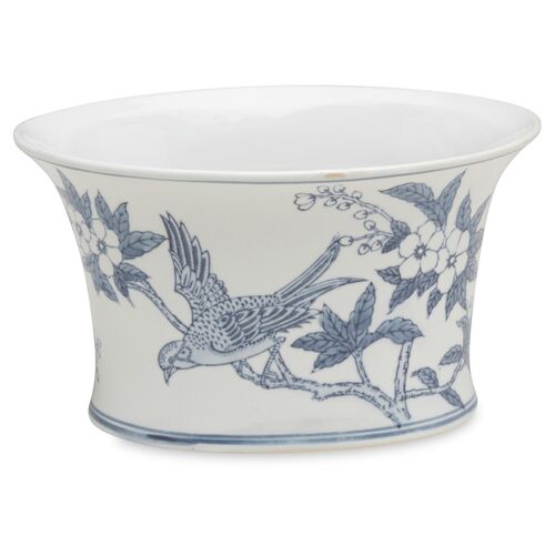 10" Ceramic Bird Planter, Blue/White