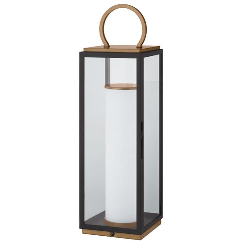 Gareth Outdoor Rechargeable Table Lamp, Patina Brass/Textured Black/Clear