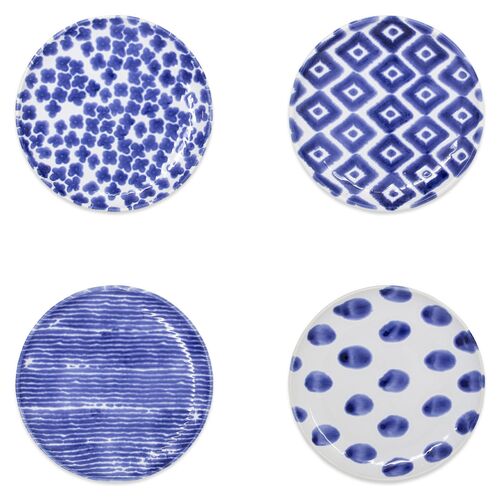 Asst. of 4 Santorini Cocktail Plates, White/Blue