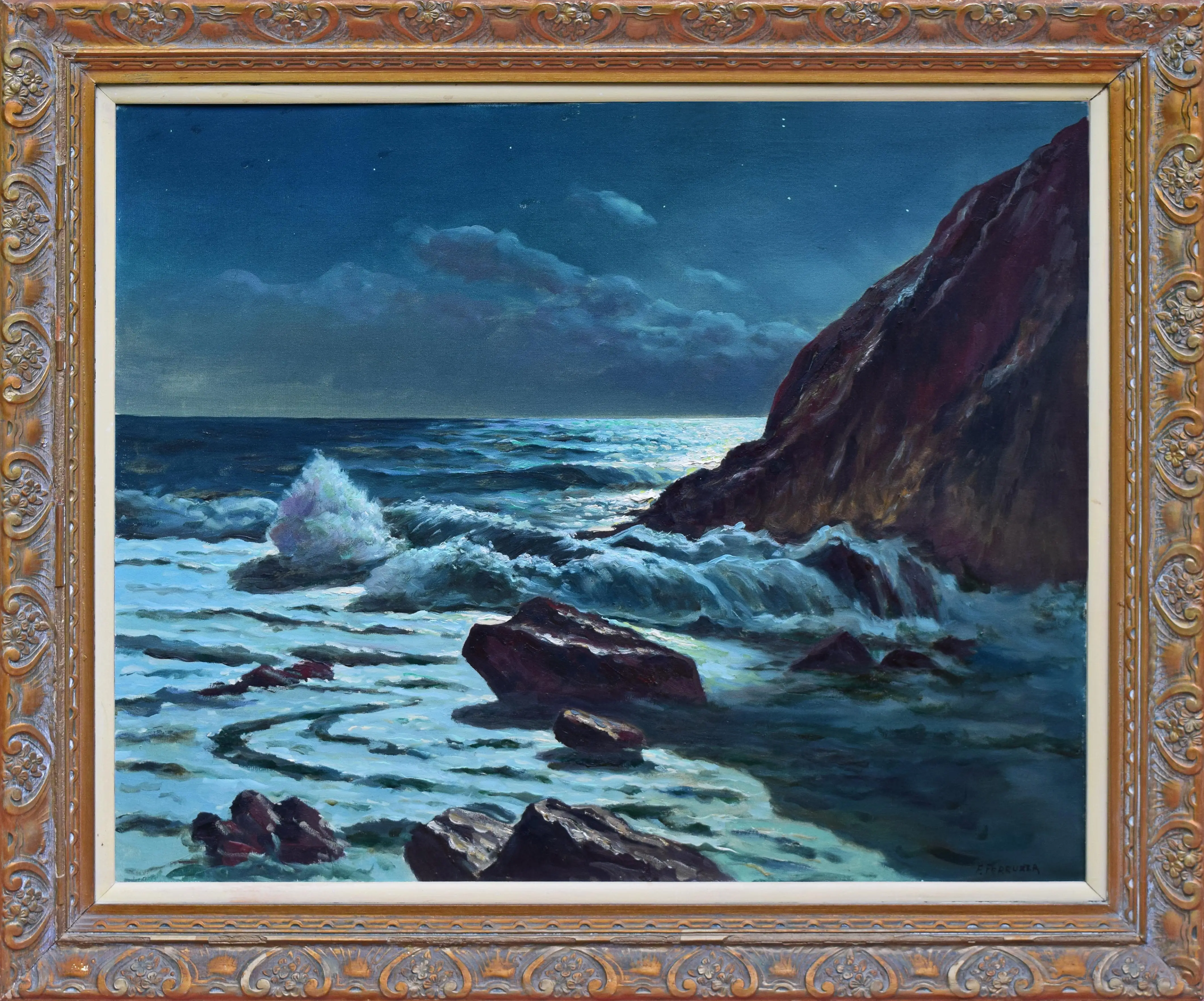 Large Vintage Seascape Nocturne Painting