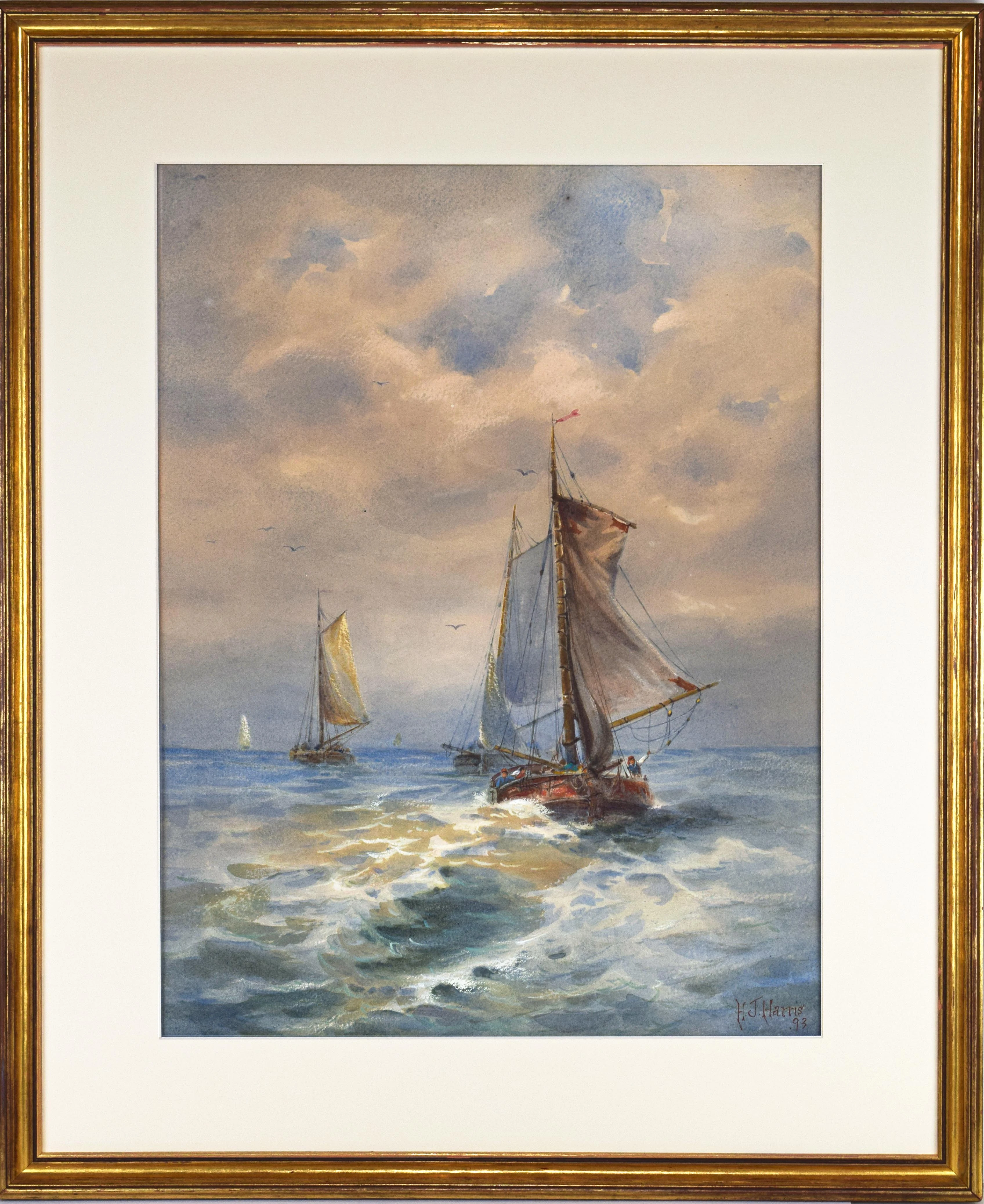 Antique Watercolor Seascape w/Ships 1893
