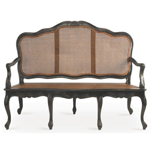 Cane Three-Seat Sofa, Black/Natural
