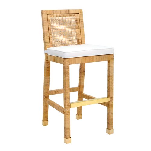 Valentino Rattan Performance Fabric Bar Stool, Natural/White 1 Valentino Rattan Performance Fabric Bar Stool, Natural/White