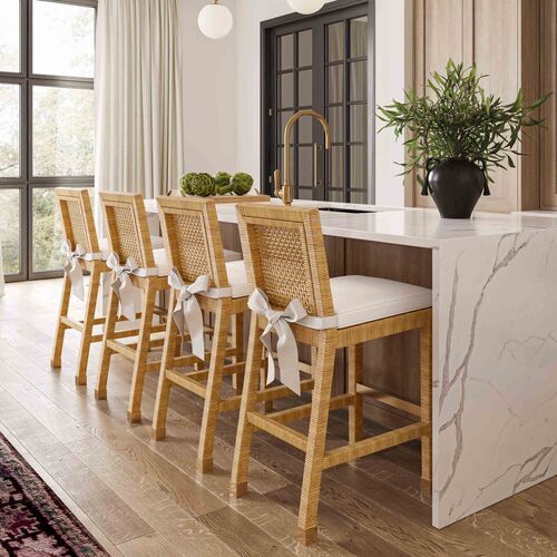Valentino Rattan Performance Fabric Bar Stool, Natural/White 2 Valentino Rattan Performance Fabric Bar Stool, Natural/White