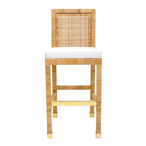 Valentino Rattan Performance Fabric Bar Stool, Natural/White 4 Valentino Rattan Performance Fabric Bar Stool, Natural/White