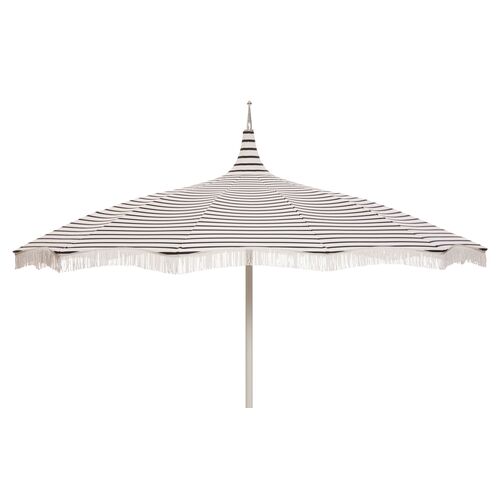 Ari Pagoda Fringe Patio Umbrella, Sunbrella Stripe