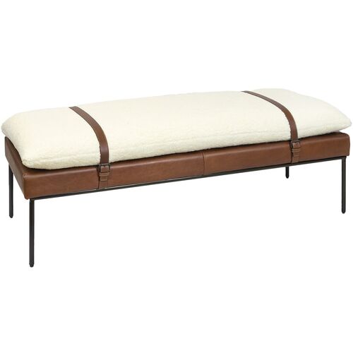 Aspen Leather and Faux Boucle Wool Bench, White/Brown 1 Aspen Leather and Faux Boucle Wool Bench, White/Brown
