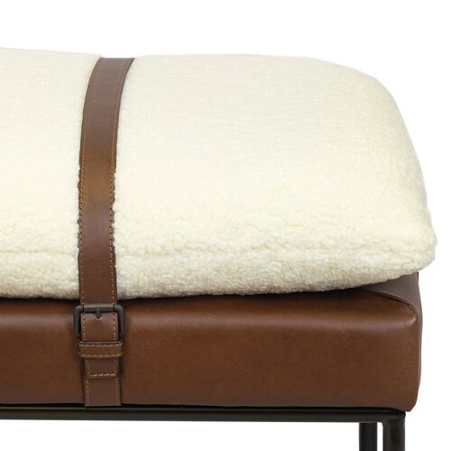 Aspen Leather and Faux Boucle Wool Bench, White/Brown 2 Aspen Leather and Faux Boucle Wool Bench, White/Brown