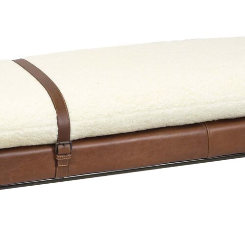 Aspen Leather and Faux Boucle Wool Bench, White/Brown 3 Aspen Leather and Faux Boucle Wool Bench, White/Brown