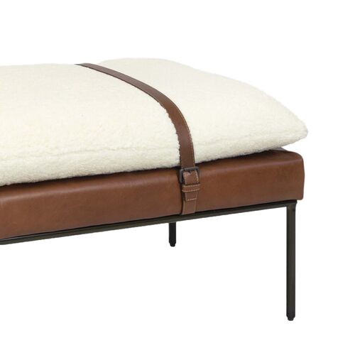 Aspen Leather and Faux Boucle Wool Bench, White/Brown 4 Aspen Leather and Faux Boucle Wool Bench, White/Brown