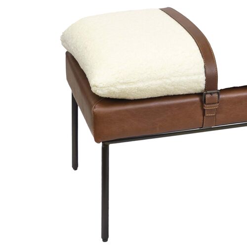 Aspen Leather and Faux Boucle Wool Bench, White/Brown 5 Aspen Leather and Faux Boucle Wool Bench, White/Brown