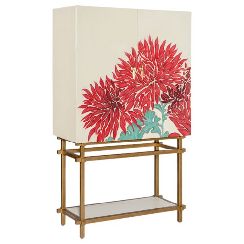 Melange Patrisha Hand Painted Linen-Wrapped Bar Cabinet, Red/Neutral