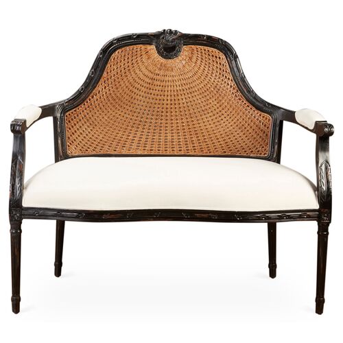 Serena Cane Settee, Black/White Linen 1 Serena Cane Settee, Black/White Linen