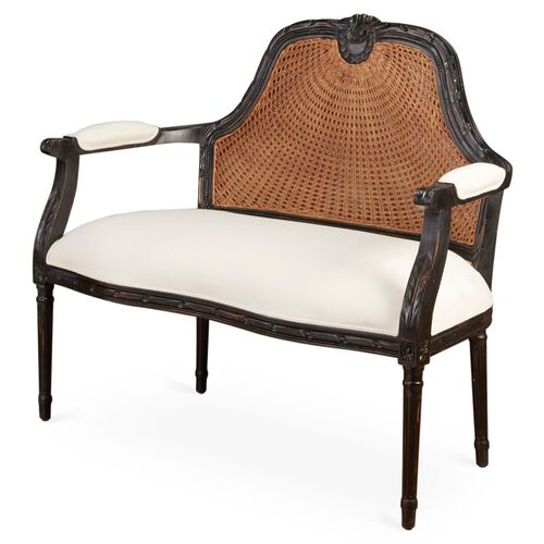 Serena Cane Settee, Black/White Linen 2 Serena Cane Settee, Black/White Linen