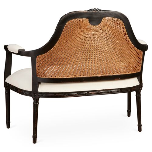 Serena Cane Settee, Black/White Linen 4 Serena Cane Settee, Black/White Linen