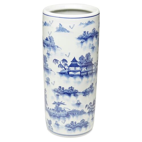 18" Chinoiserie Umbrella Stand, Blue