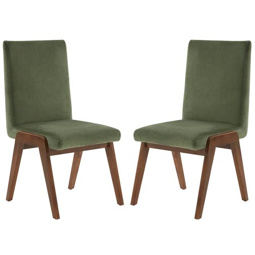 S/2 Forrest Velvet Dining Chairs, Olive Green/Dark Walnut 1 S/2 Forrest Velvet Dining Chairs, Olive Green/Dark Walnut