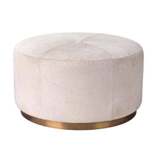 Thackeray Round Hide Pouf, White Hide & Antique Brass 1 Thackeray Round Hide Pouf, White Hide & Antique Brass