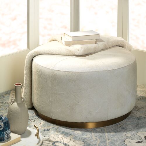 Thackeray Round Hide Pouf, White Hide & Antique Brass 2 Thackeray Round Hide Pouf, White Hide & Antique Brass