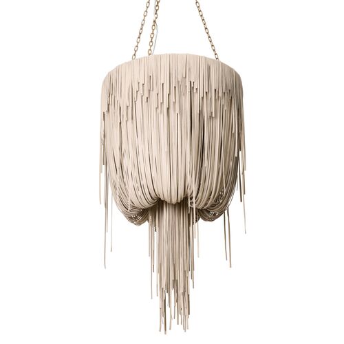 Small Round Urchin Leather Fringe Chandelier, Cream-Stone 1 Small Round Urchin Leather Fringe Chandelier, Cream-Stone