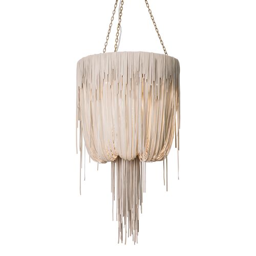 Small Round Urchin Leather Fringe Chandelier, Cream-Stone 2 Small Round Urchin Leather Fringe Chandelier, Cream-Stone