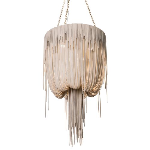 Small Round Urchin Leather Fringe Chandelier, Cream-Stone 4 Small Round Urchin Leather Fringe Chandelier, Cream-Stone