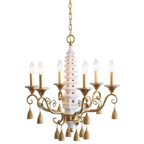Pagoda 6-Light Chandelier, Gold/White 1 Pagoda 6-Light Chandelier, Gold/White