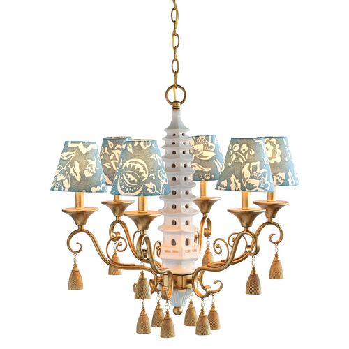 Pagoda 6-Light Chandelier, Gold/White 3 Pagoda 6-Light Chandelier, Gold/White