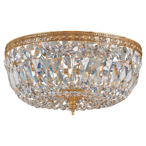 3-Light Hand Cut Crystal Flush Mount, Brass 1 3-Light Hand Cut Crystal Flush Mount, Brass