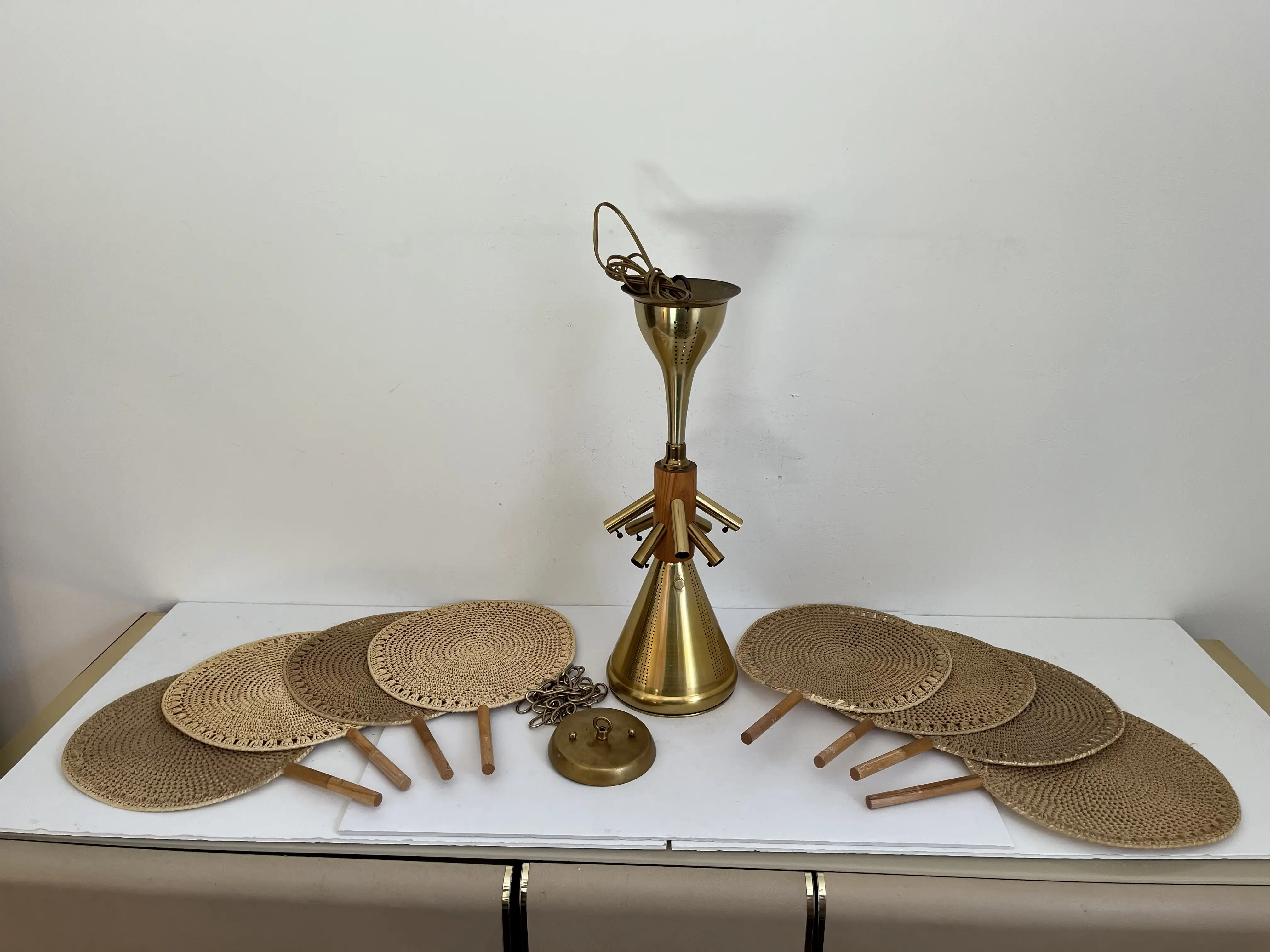 Italian Wicker Palm Chandelier, C1960 3 Italian Wicker Palm Chandelier, C1960