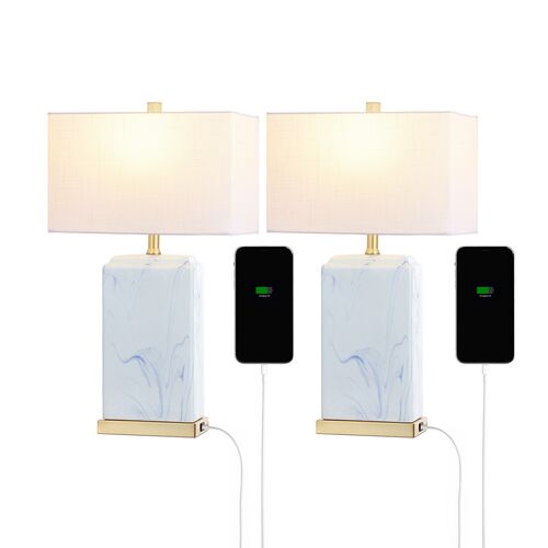 S/2 Kaelen USB Ceramic Table Lamps, Blue/White 2 S/2 Kaelen USB Ceramic Table Lamps, Blue/White