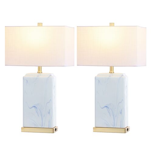 S/2 Kaelen USB Ceramic Table Lamps, Blue/White 3 S/2 Kaelen USB Ceramic Table Lamps, Blue/White