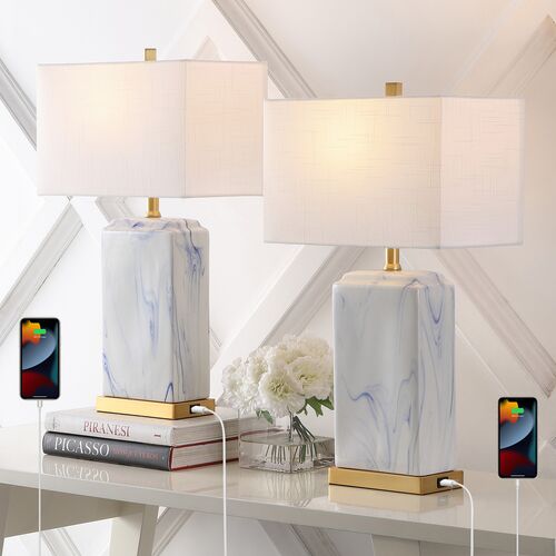 S/2 Kaelen USB Ceramic Table Lamps, Blue/White 7 S/2 Kaelen USB Ceramic Table Lamps, Blue/White