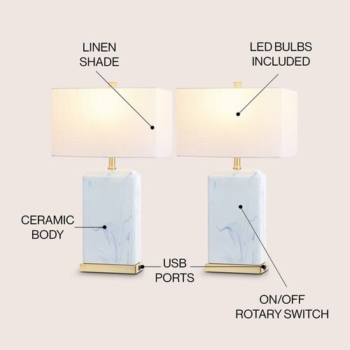 S/2 Kaelen USB Ceramic Table Lamps, Blue/White 9 S/2 Kaelen USB Ceramic Table Lamps, Blue/White