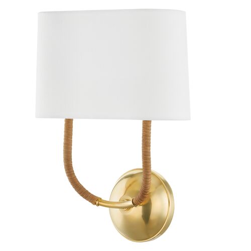 Tenley Rattan Wrapped 2-Light Wall Sconce, Natural/Aged Brass 1 Tenley Rattan Wrapped 2-Light Wall Sconce, Natural/Aged Brass