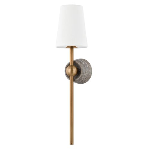 Los Vilos Stone Wall Sconce, Patina Brass/White Linen 1 Los Vilos Stone Wall Sconce, Patina Brass/White Linen
