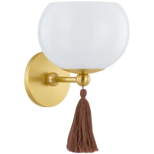 Niya Tassel 1-Light Wall Sconce, Aged Brass/Cloud Glass 1 Niya Tassel 1-Light Wall Sconce, Aged Brass/Cloud Glass
