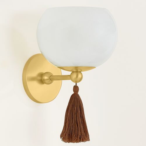 Niya Tassel 1-Light Wall Sconce, Aged Brass/Cloud Glass 3 Niya Tassel 1-Light Wall Sconce, Aged Brass/Cloud Glass