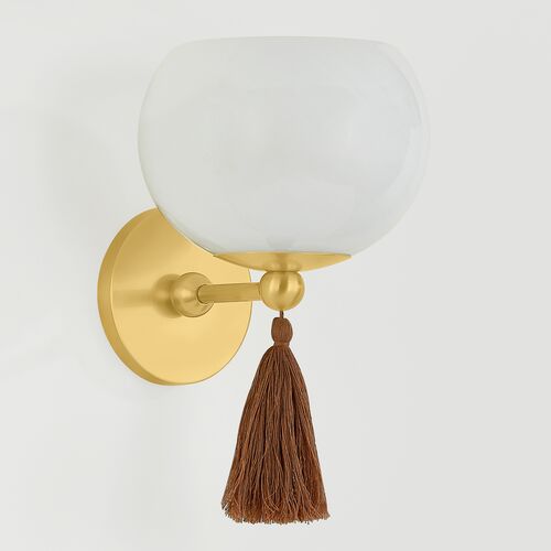 Niya Tassel 1-Light Wall Sconce, Aged Brass/Cloud Glass 6 Niya Tassel 1-Light Wall Sconce, Aged Brass/Cloud Glass