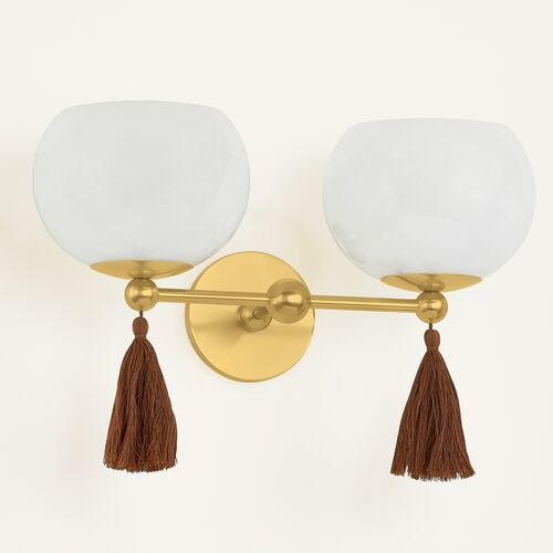 Niya Tassel 2-Light Wall Sconce, Aged Brass/Cloud Glass 3 Niya Tassel 2-Light Wall Sconce, Aged Brass/Cloud Glass